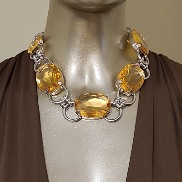 Vintage Signed RJ Graziano Citrine Crystal Gunmetal Couture Choker Necklace - Picture 7 of 16